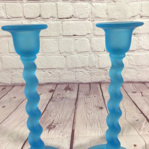 Vintage Tiffin Glass Blue Spiral Swirl Taper Candle Holder Pair Made in the USA - Picture 2 of 5